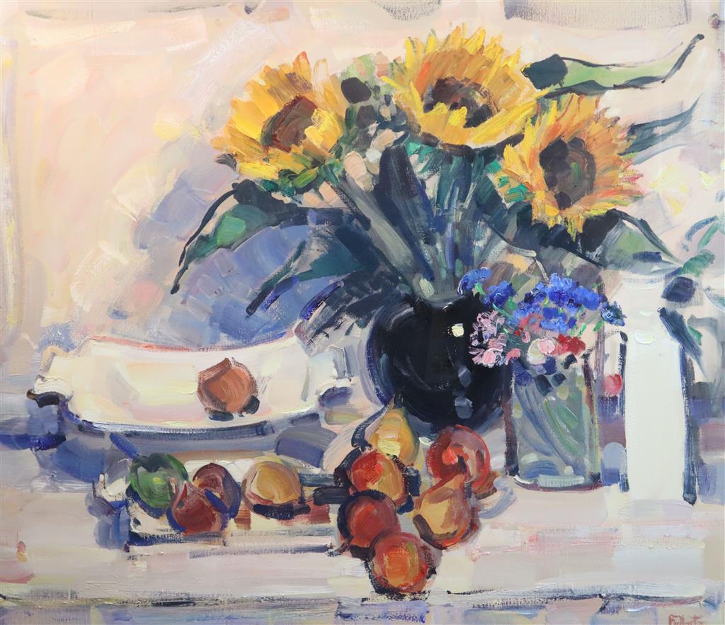 § James Fullerton (1946-) Still life of fruit and sunflowers on a table top 35.5 x 41in.